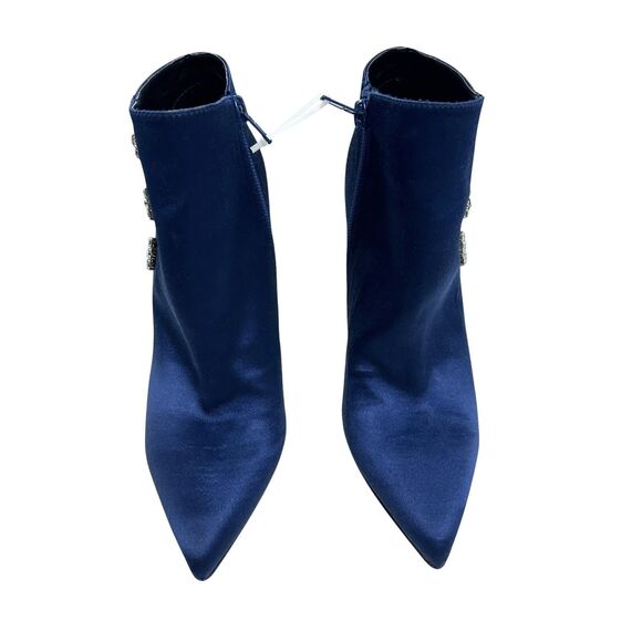 Neiman Marcus Silk Navy Pointed Toe Flower Bling Stiletto Ankle Boots Size 6.5 - Picture 2 of 12
